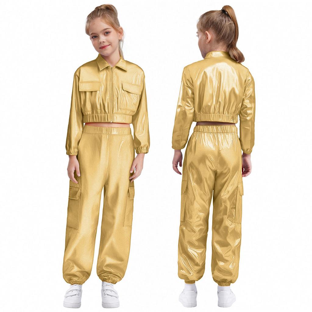 Unisex Kinder Hip Hop Tanzkostüm Metallic-Jacke mit Langarm-Umlegekragen und glänzendem Hosenset