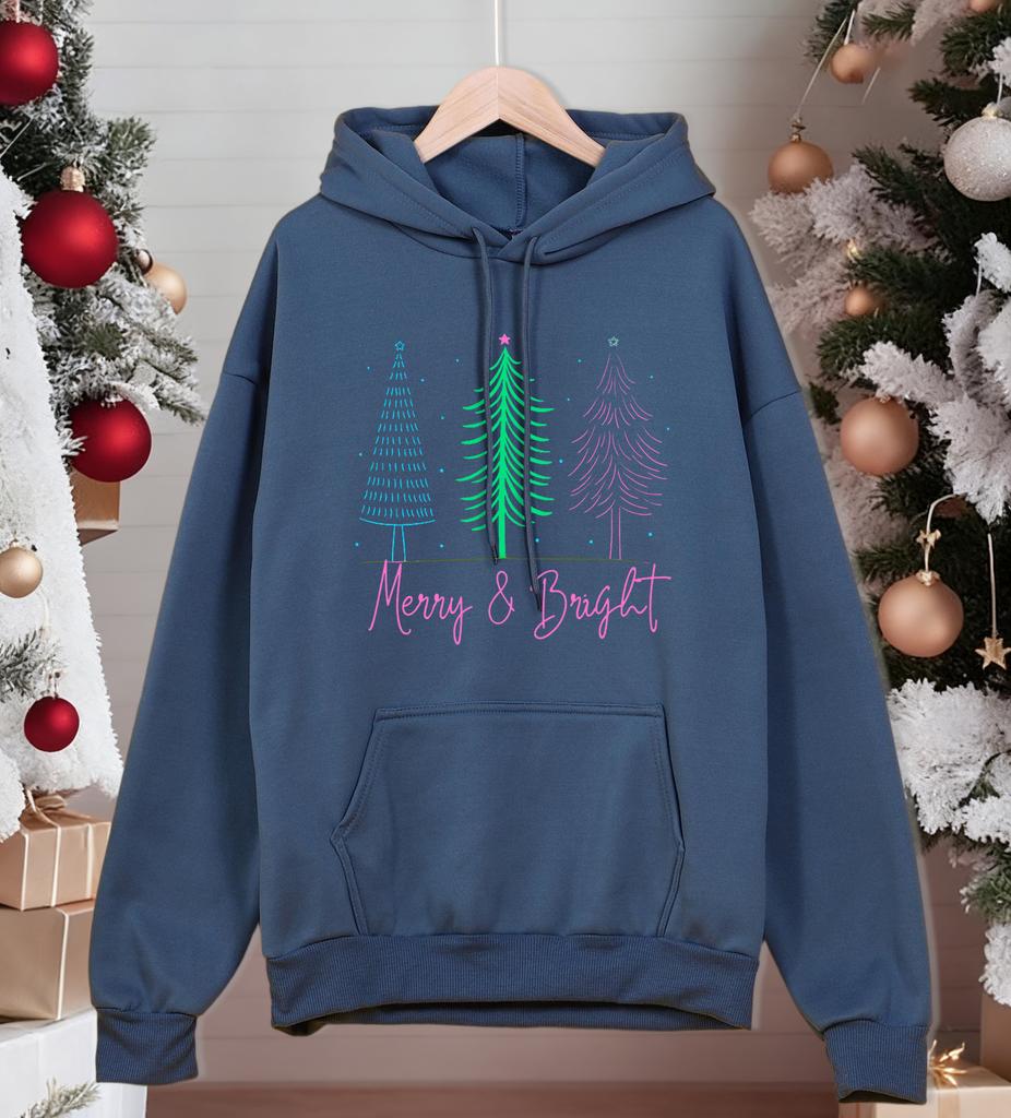 Merry Bright Christmas Trees Printing Men Hoodies Loose Casual Hoody Autumn Fleece Streetwear All-Match Pocket Pullovers