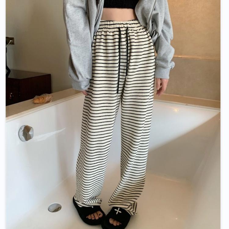 Women's High Waist Black & White Striped Wide Leg Terry Pants