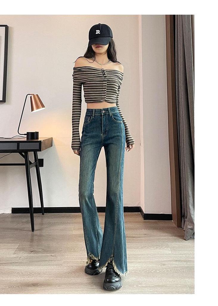Women's High Waist Slimming Velvet Tassel Flare Jeans with Split Hem - 2025 Autumn/Winter Collection