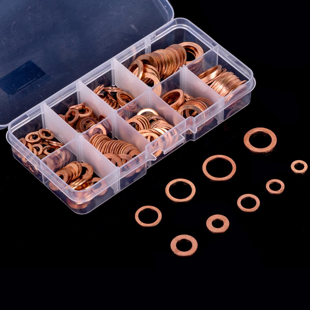 200pcs Copper Washer Gasket Set  for Sump Plugs Flat Ring Seal Assortment Kit with Box M5-M14