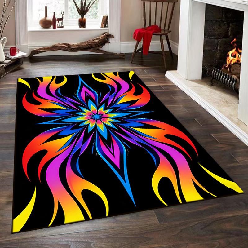 Floral Abstract Art Pattern with Flames - Non-slip rug suitable for living room and bedroom sofas