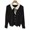 New Lapel Long-sleeved Knitted Sweater Women's Early Autumn Spring and Autumn New Contrasting Color Silk Scarf Lace-up Cardigan Short Top