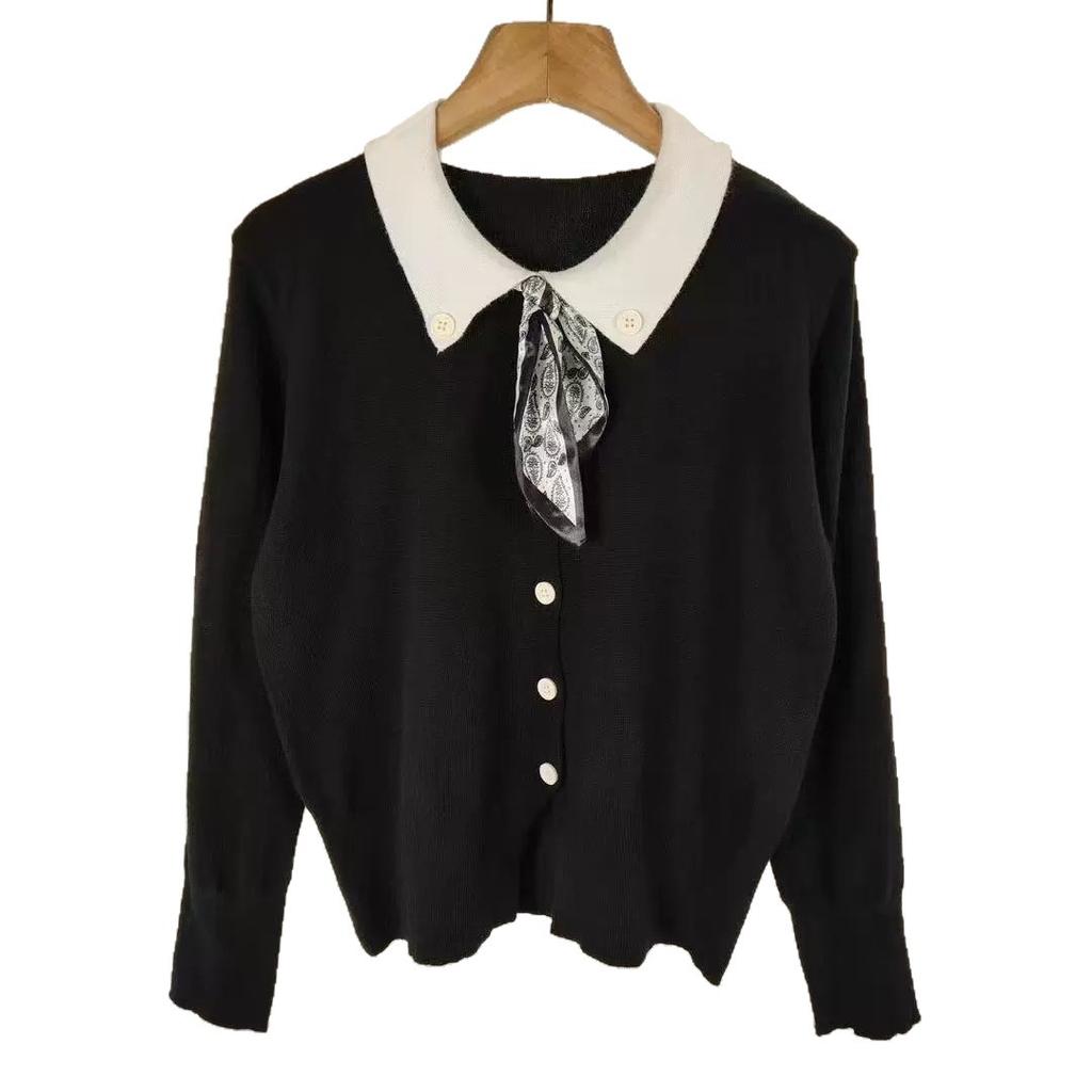 New Lapel Long-sleeved Knitted Sweater Women's Early Autumn Spring and Autumn New Contrasting Color Silk Scarf Lace-up Cardigan Short Top