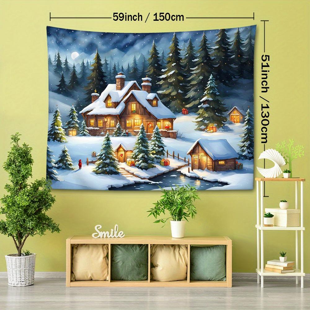 Christmas Winter Town Scene Tapestry Wall Hanging – 90g Brushed Polyester Fabric, Woven, Portrait Orientation, Animal Theme Graphic, Room Decor for B