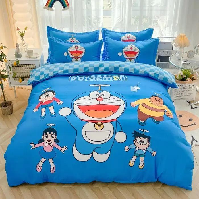 Doraemon Mechanical Cat Cartoon Style Pure Cotton Material Bed Three-piece Set Student Dormitory Dirty-Resistant Bedding