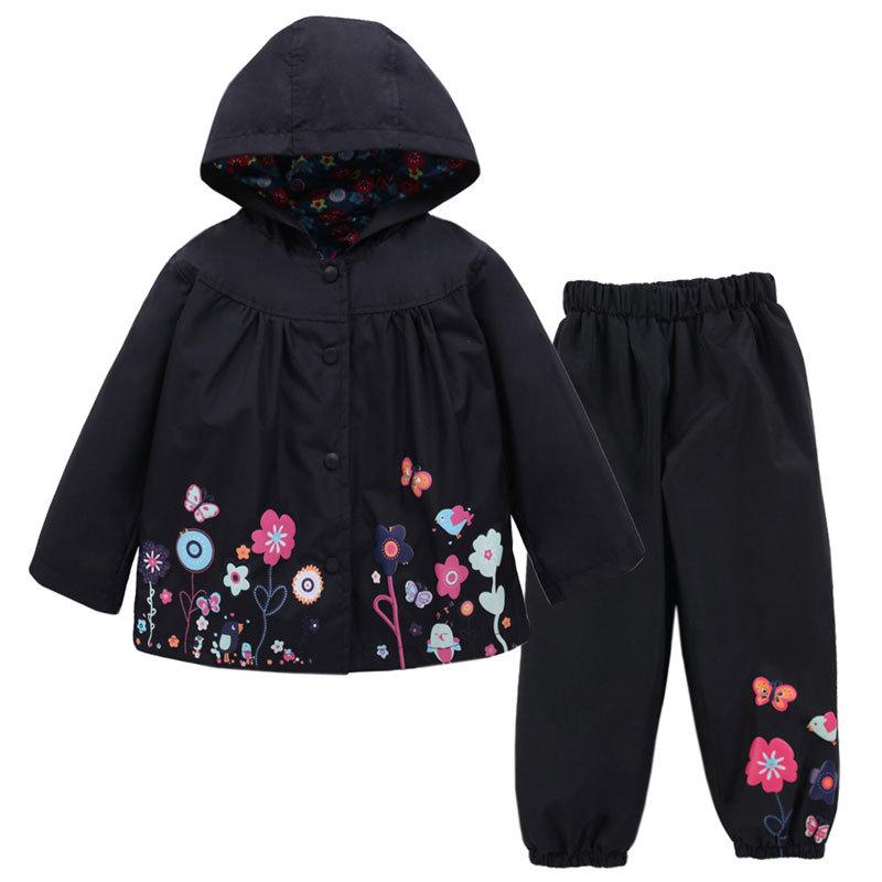 Mädchen Regenmantel für Frühling und Herbst, winddicht, mit Kapuze, Schlagjacke, lange Hose, zweiteiliges Set