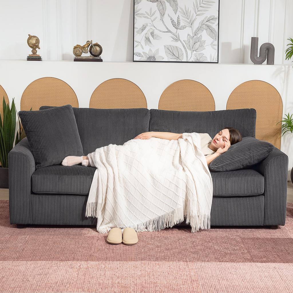 3-Seater Sofa with Decorative Cushions, Corduroy Sofa for Living Room, Bedroom, 212 Cm Wide, Dark Gray