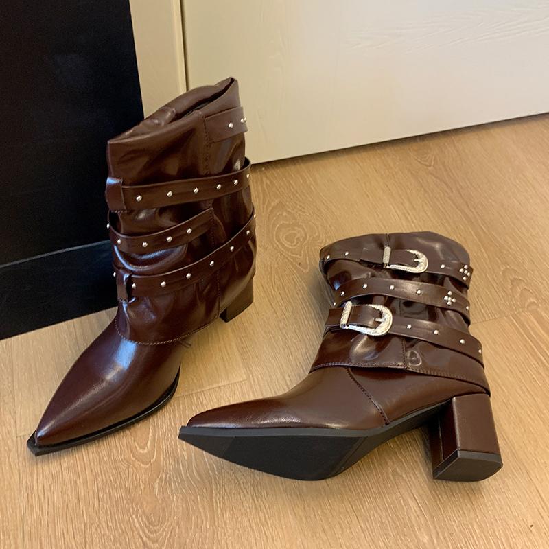 Fashion Retro Pointed Toe Thick Heel Versatile Thin Women's Mid-leg Boots