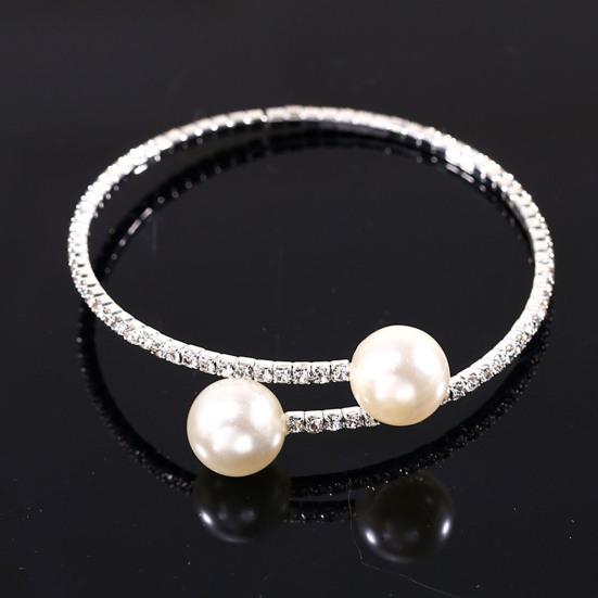 2Pcs/Set Women Elegant Faux Set Pearls Shiny Rhinestones Jewelry Adjustable Open Collar Necklace Bangle Set