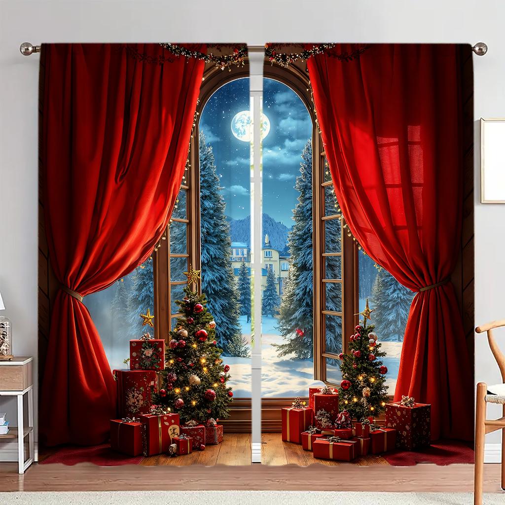 2 Stück Weihnachtsbaum Geschenk Schnee bedruckter Vorhang für Weihnachts-Heimdeko - Stangentasche Fensterbehandlung für Schlafzimmer, Büro, Küche