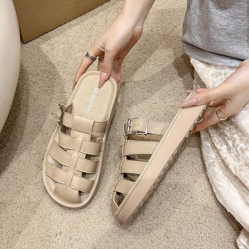 Baotou Half Slippers Women's Summer 2025 New Korean Version Flat-bottomed Buckle Outer Wear Casual Cool Slippers Beach Cool Slippers