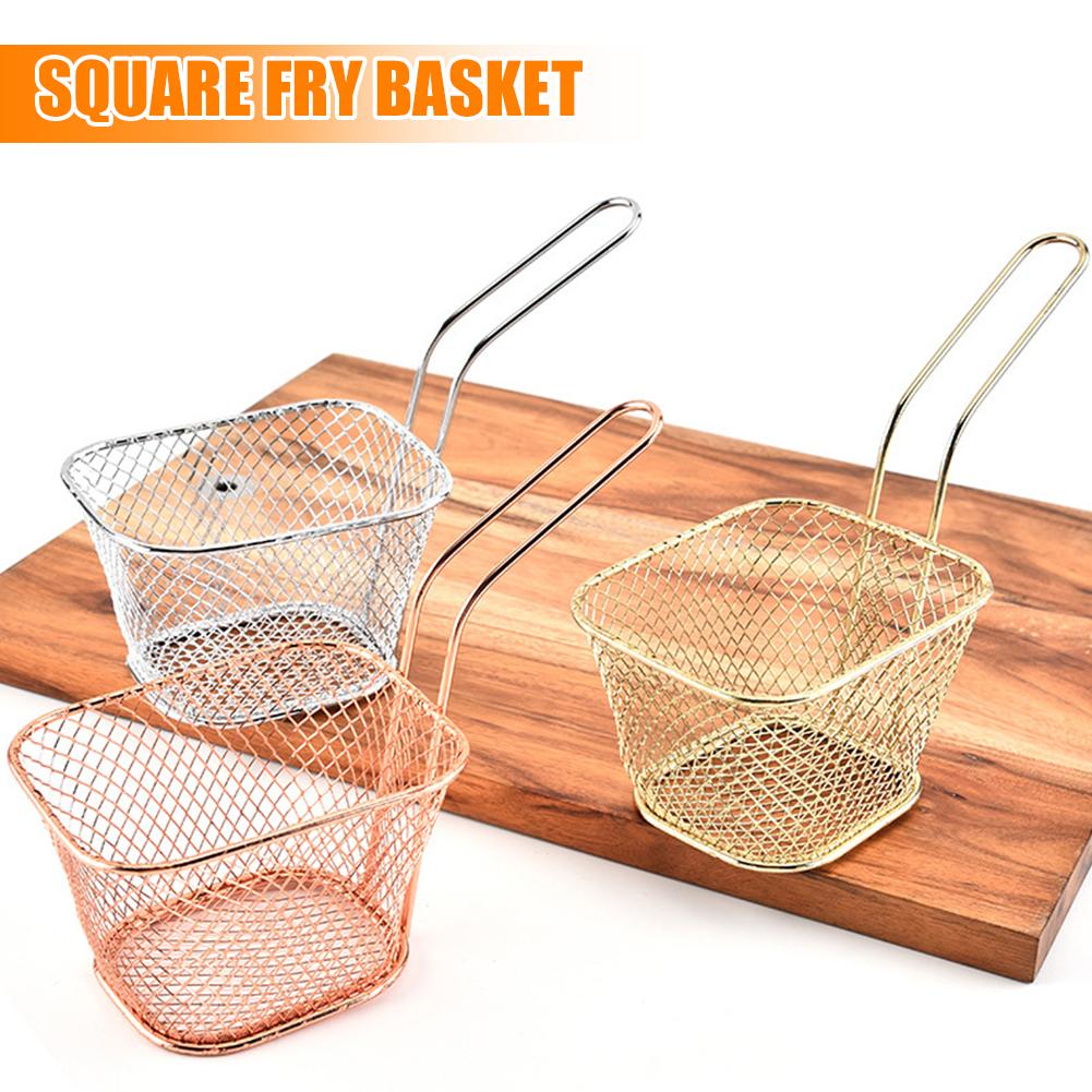 Mini Square Fry Basket Metal French Fries Chips Holder with Handle Desk Food Presentation Mesh Basket Kitchen Accessories Tools