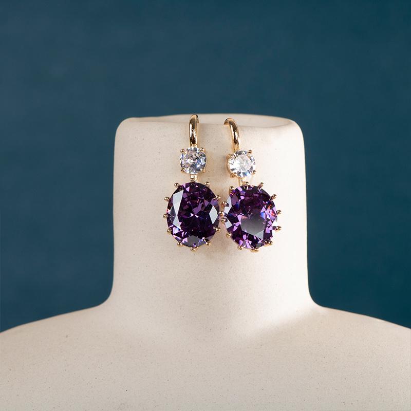 JoiasHome Yellow Gold Color Drop Earrings for Women Silver 925 Jewelry with Purple Zircon Amethyst Female Party Ear Accessories
