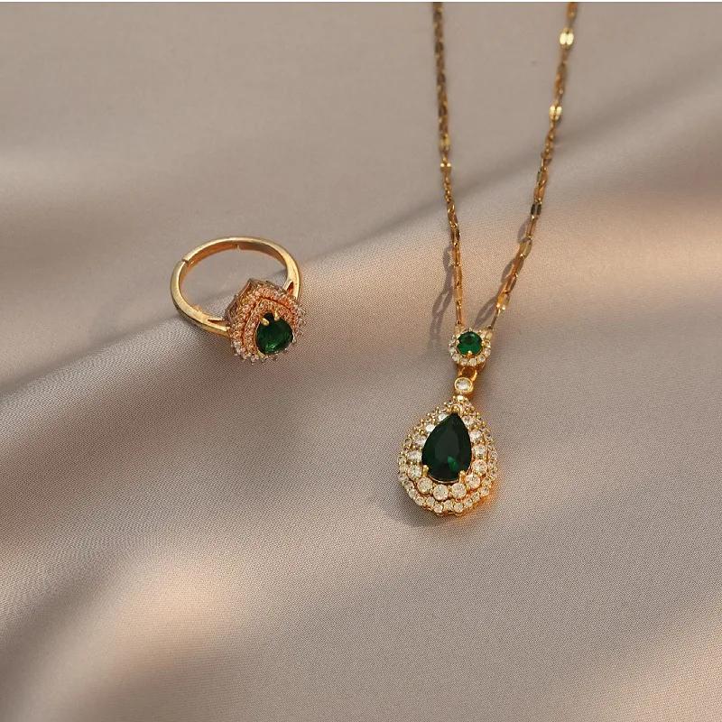 Luxury Brand Classic Green Water Drop Emerald Pendant Necklace for Women Exquisite  Stainless Steel Crystal Jewelry Colorfast