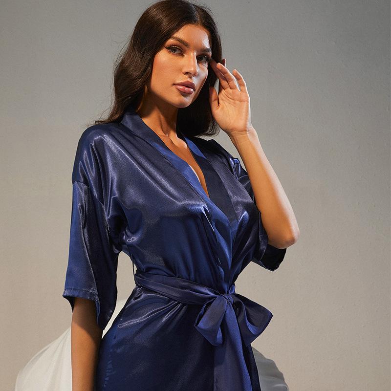 Cardigan sottile a maniche a tre quarti Camicia da notte in seta simulata Stile medio Cintura larga Accappatoio Semplice Quattro stagioni Indossabile Camicia da notte Donna