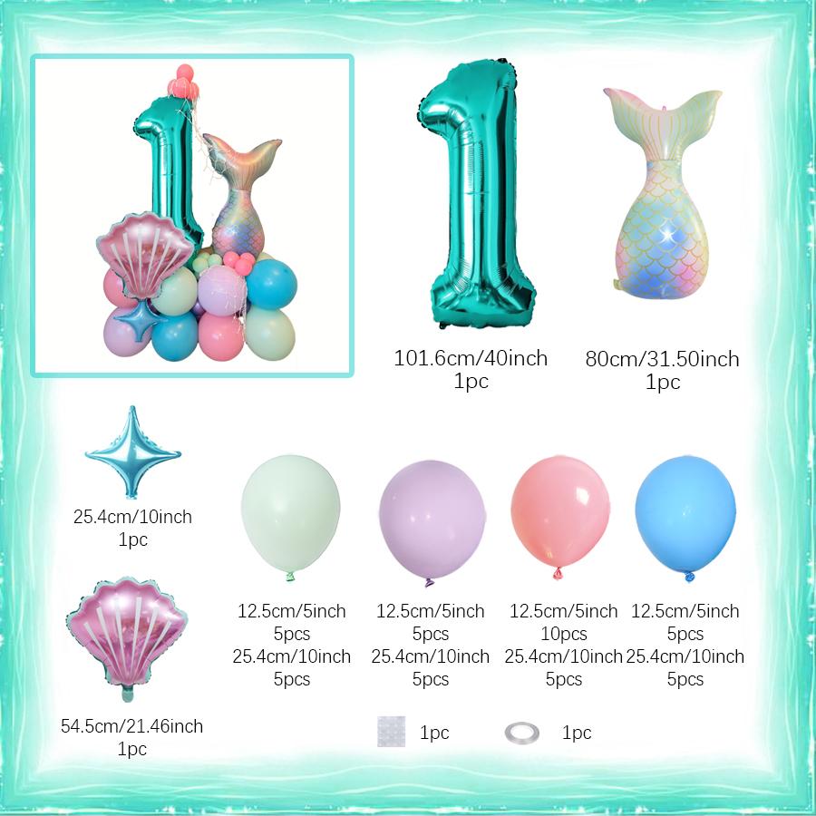Mermaid Shell Themed Balloon Set with Numbers 1-9th Blue Purple Pink Latex Foil Balloons for Girl Princess Birthday Party Decor