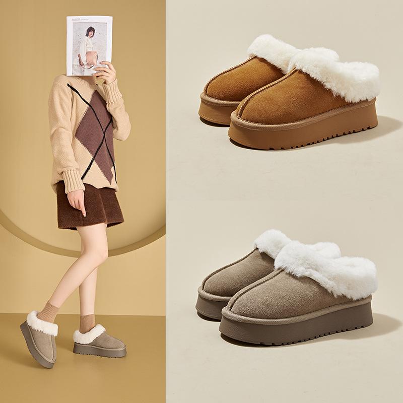 Small Size Leather Snow Boots Women's 2025 Autumn Thick-soled Non-slip One-pedal Real Hairy Short Boots Casual Snow Cotton