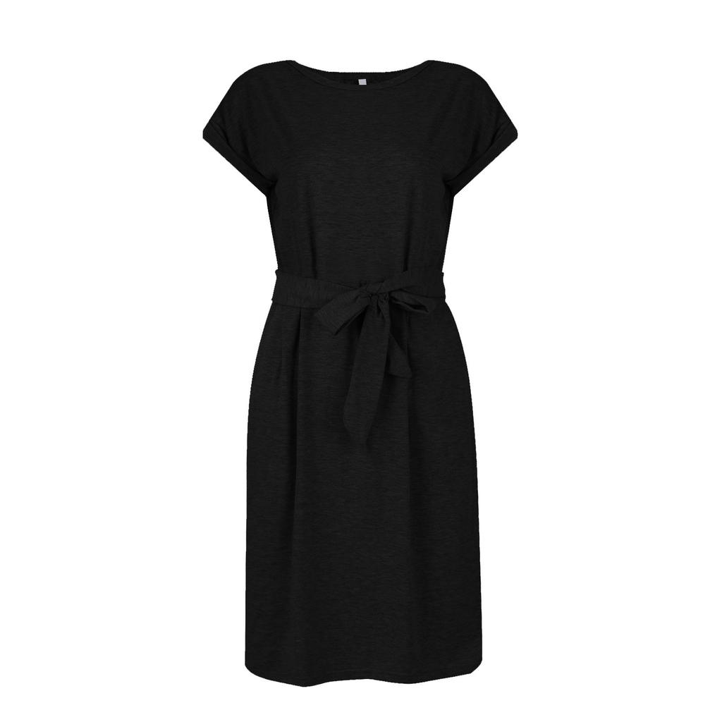 Women's Fashion Summer Color Crewneck Short Sleeve Lace-up Pocket Dress