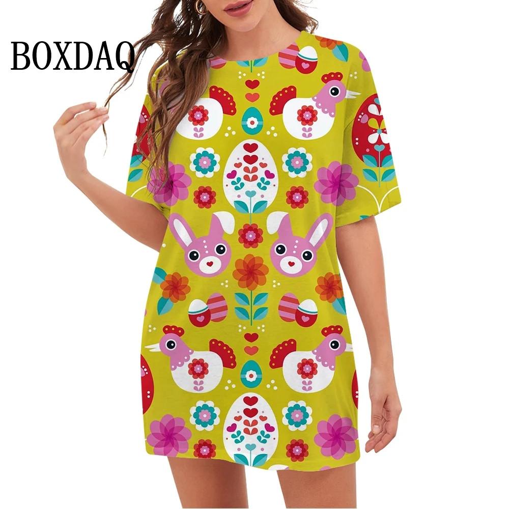 Easter Dress Women 2025 Summer Short Sleeve Oversized Pullover Floral Egg Print Mini Dress Party Clothes Streetwear Vestidos