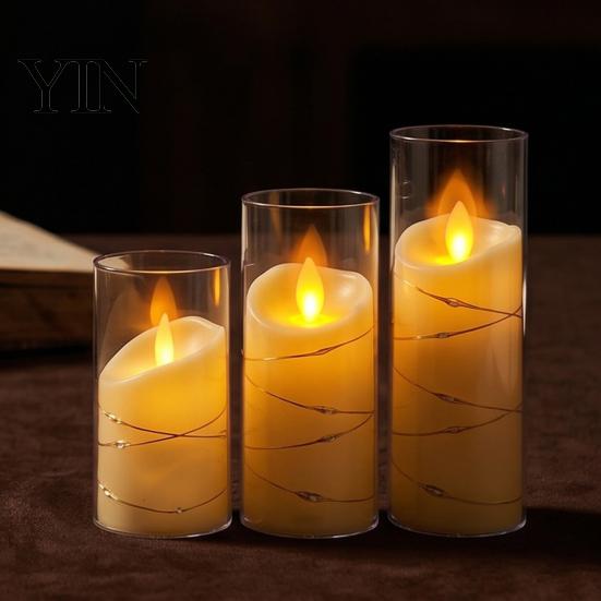 Realistic Flickering Candles for Christmas Flameless LED Candles, Battery Operated Acrylic Pillar with Embedded Wedding Table Centerpiece String, Fake