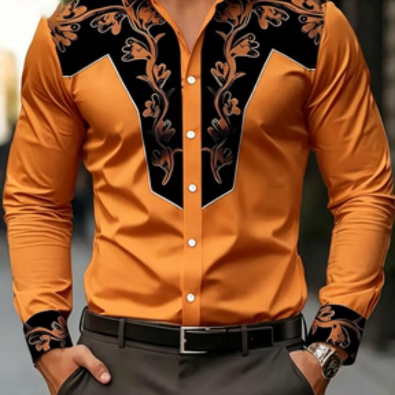 Men's shirt long sleeved printed shirt European and American business lapel
