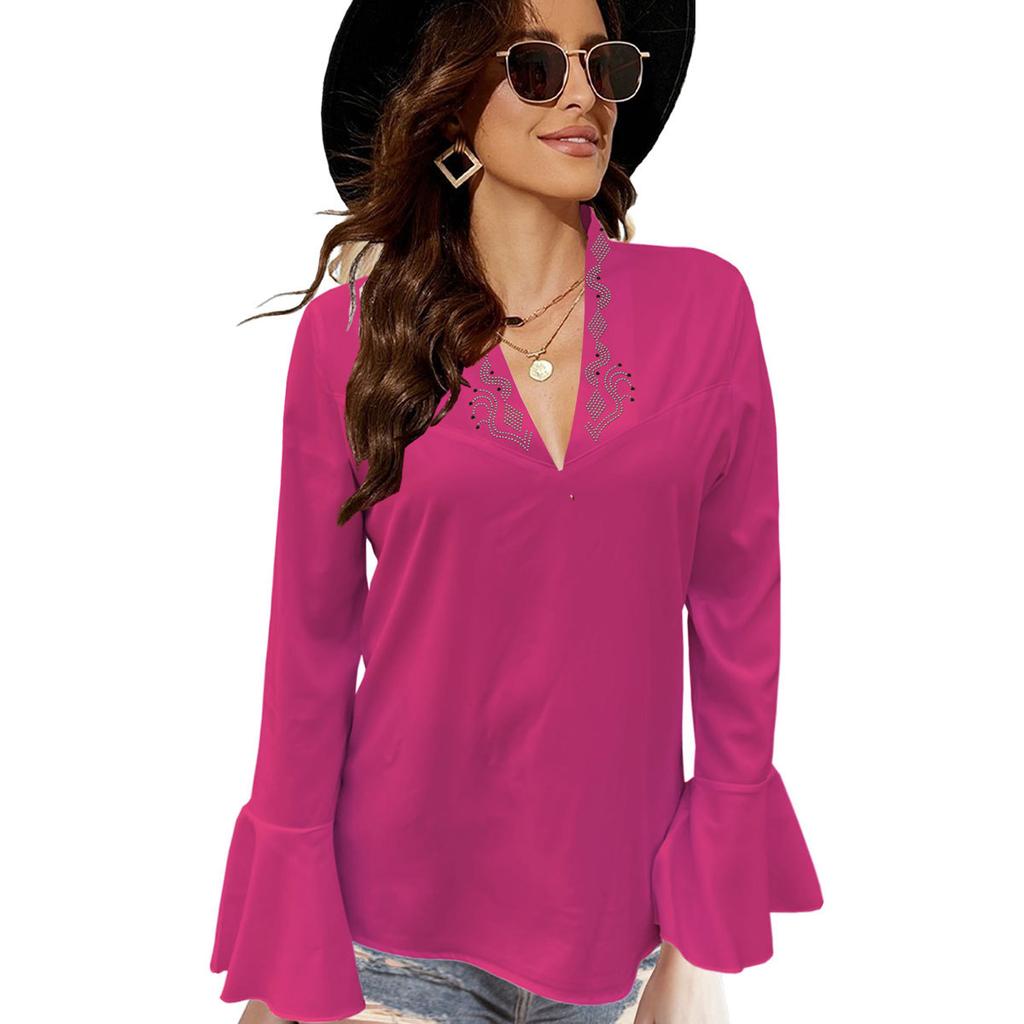 HNXC Women's Autumn Collection: Low-cut, Rhinestone, High-neck, Solid-color Lotus Leaf Long-sleeved Shirt for Women