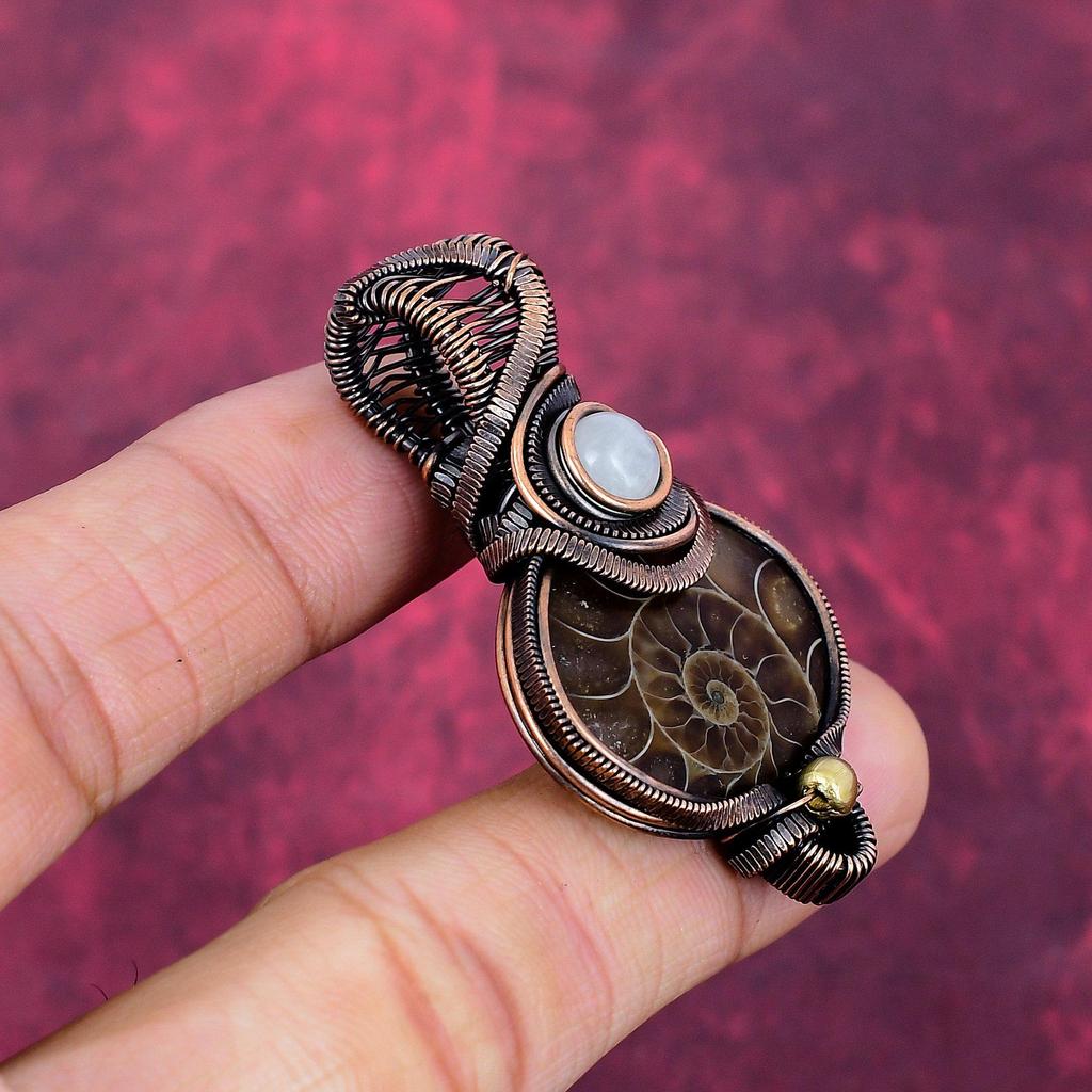 Ammonite Fossil Pendant Rainbow Moonstone Jewelry Copper Wire Wrapped Pendant