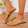 New Women Slippers Open-toe Square Toe Flip-flops Solid Color Slippers Beach Clip-toe Flat Metal Buckle Sandals Slides Women