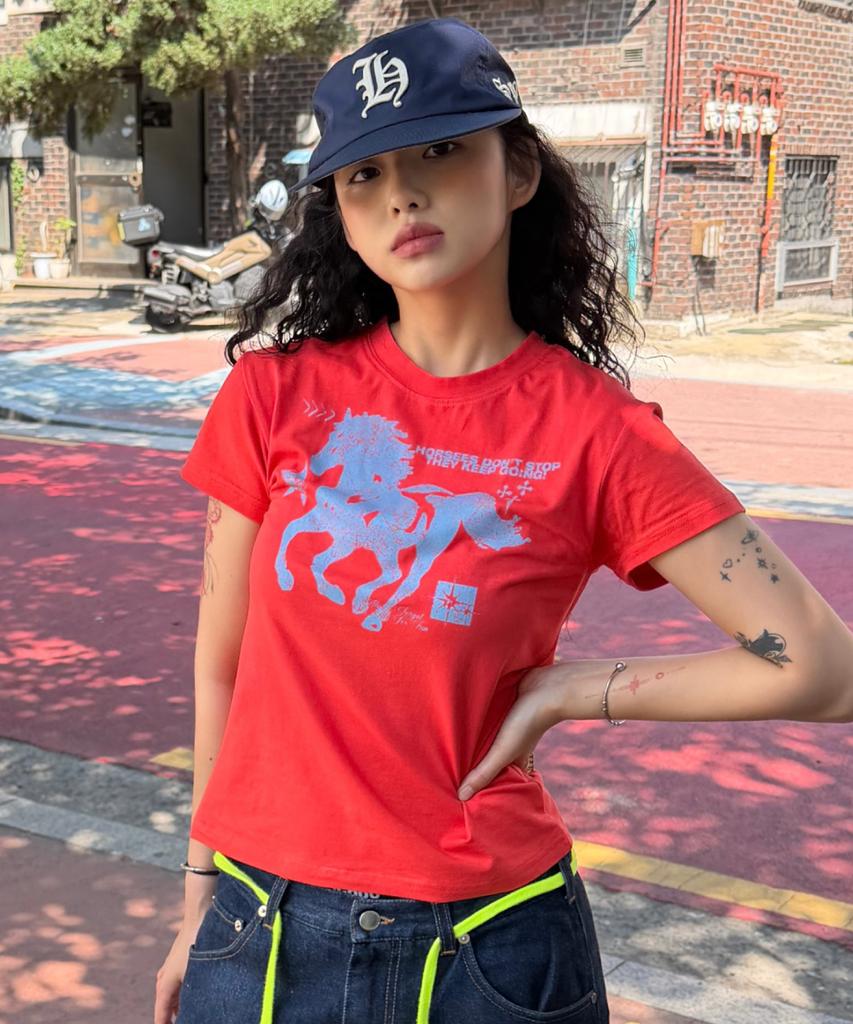 Damiswi Horse Graphic Pastel Slim T-Shirt_Blue