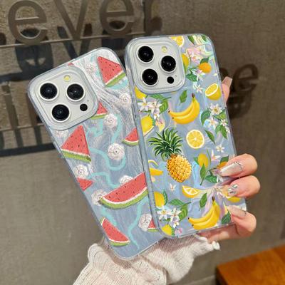 Banana Fruits Pattern Clear Soft Edge Slim Sparkling Phone Case For iPhone 16 Pro Max 15 Pro 14 13 12 11 Feather Glitter Shockproof Hard PC Back Cover