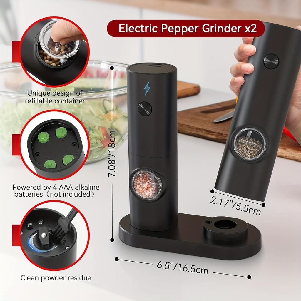 Electric Salt and Pepper Grinder Set, Adjustable Thickness, Electronic Spice Grinder with Decorative Base and LED Light