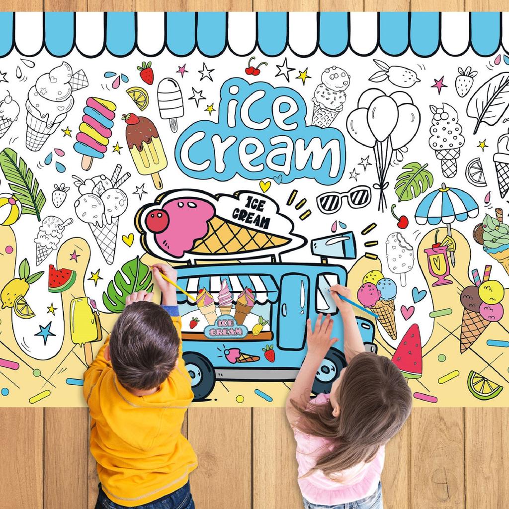 Paper Table Cloth For Coloring, Creative Children's Activities,Summer Party Children's Ice Cream Painting Coloring Poster, Excluding Paintbrushes,