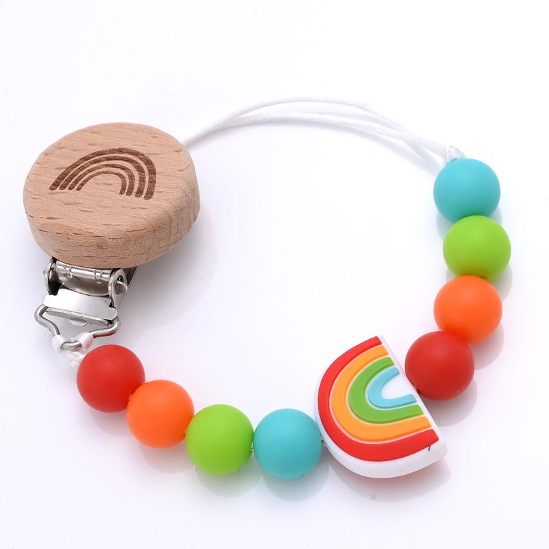 New Baby Pacifier Clips Round Beech Clips Silicone Rainbow Beads for Dummy Nipple Holder Soother Chain Teether Toy