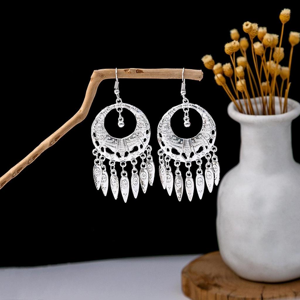 Ethnic Miao Silver Style Long Tassel Earrings with Ancient Scenic Stud Design for Women