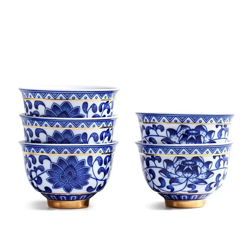 Blue White Porcelain Tea Cup - Vintage Ceramic Master Cup with Gold Trim, Chinese Kungfu Tea Set, Small Tea Bowl