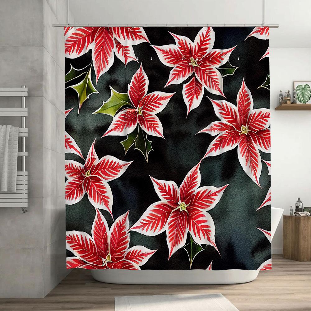 Artistic Shower Curtain with Red White Poinsettias for Christmas Decorations in Bathroom Watercolor Print Bath Mat Decoration Co