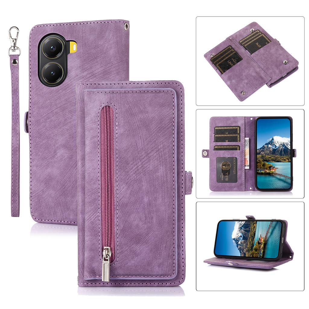 For Xiaomi Poco X7 Pro 5G/Redmi Turbo 4 5G Case Zipper Pocket 9 Card Slots PU Leather Phone Cover with Wrist Strap