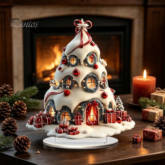 Sturdy Seasonal Shelf Decorations Winter Christmas Tree Cottage Table Decoration, Double Sided Acrylic Xmas Cabin Ornament Indoor Atmosphere