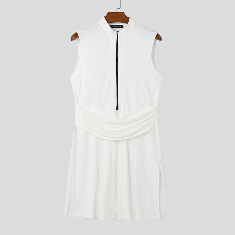 INCERUN Men Summer Stand Neck Sleeveless Zip-up Casual Splits Long Tanks