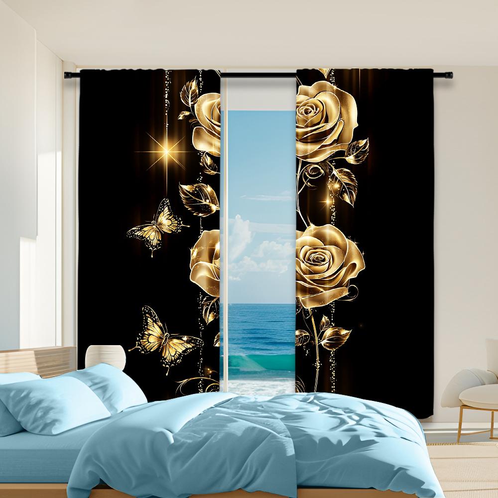 2Pcs Gold Rose And Butterfly Window Curtain Protect Privacy Bedroom Living Room Decorative Curtain Valentine'S Day Romantic Gift