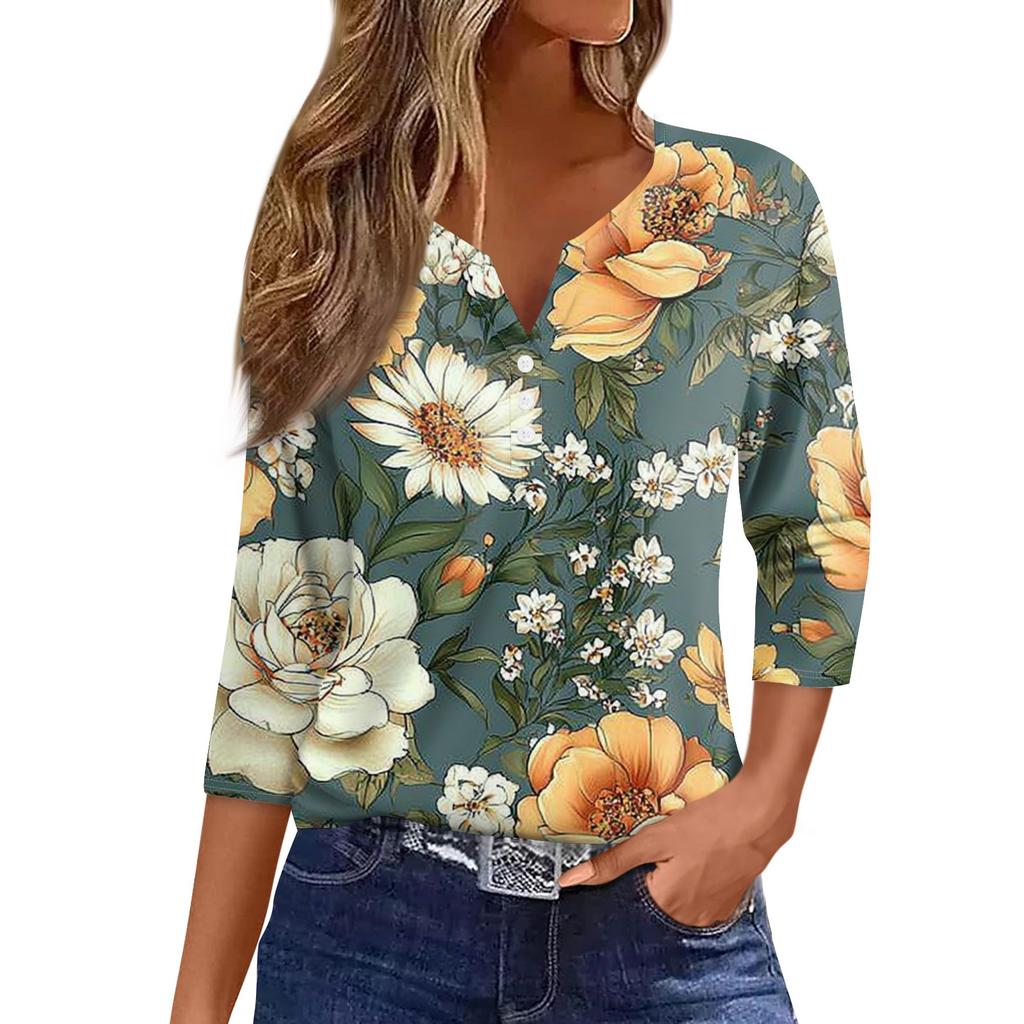 Damska modna, swobodna, kwiatowa, z dekoltem w serek, ozdobnymi guzikami, z rękawem trzy czwarte