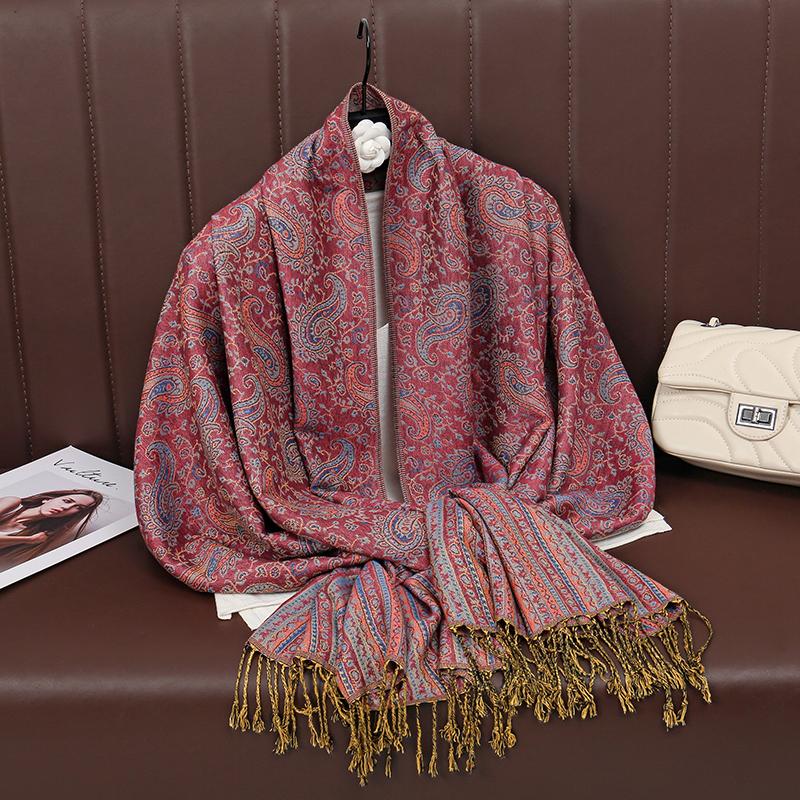 [T077] Ethnic Style Tassel Blanket Thick Pashmina Winter Warm Shawl Wrap Cashmere Jacquard Scarf Women Neckerchief Poncho Stoles