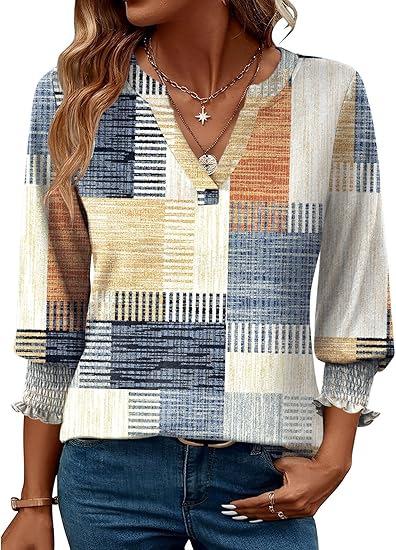 Women s V Neck Three Quarter Sleeve Blouse Regular Fit Elegant Commuter Top 3D Printed Polyester Shirt S