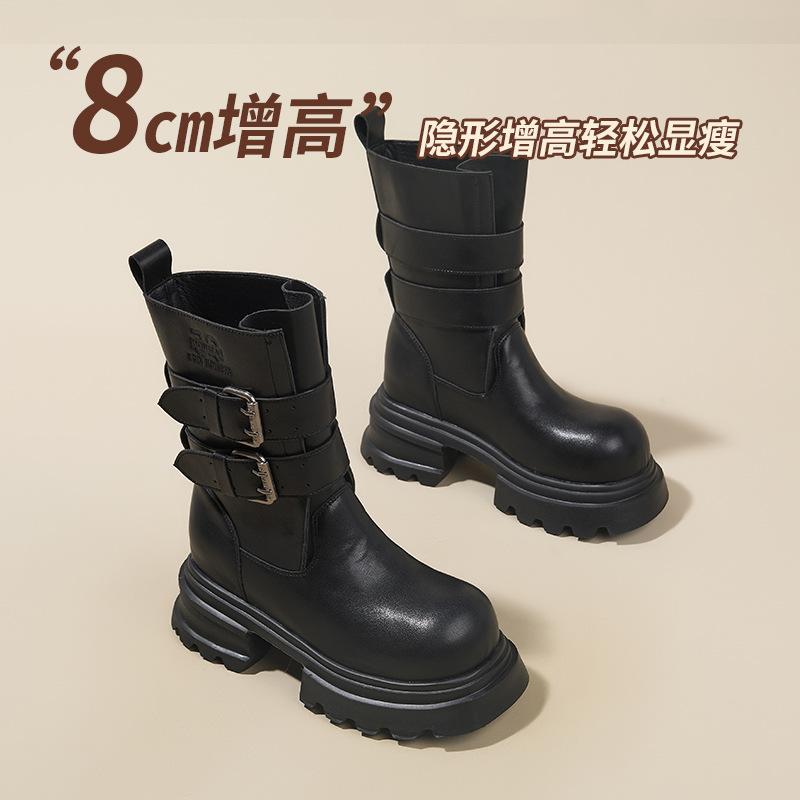 Cowhide platform Martin boots women's autumn new thick heel short boots belt buckle medium tube knight boots