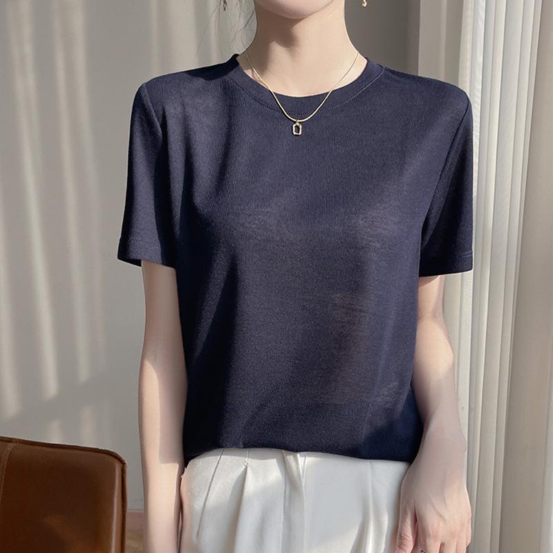 Women's Summer Tencel Lyocell Short Sleeve Round Neck Solid Color Loose Top