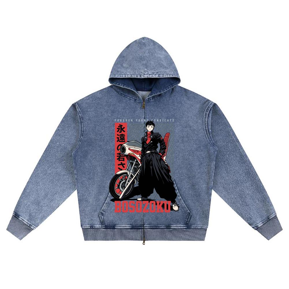 DTG-Druck Gestrickter Denim Zip-Up Hoodie Streetwear Motorrad Brother Print Reißverschluss-Hoodies