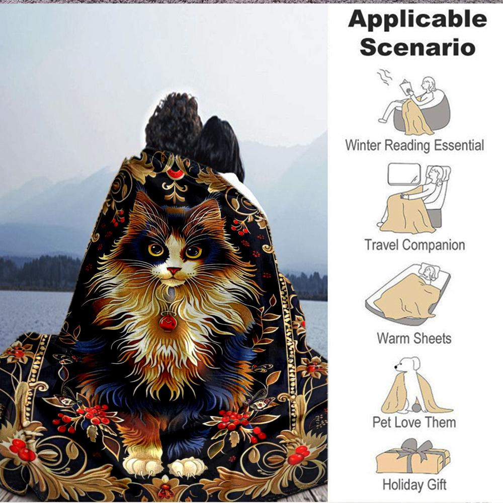 1pc Elegant Cat Tapestry Blanket Lightweight Flannel Blanket Throw Blanket For Sofa, Bed, Travel, Camping, Livingroom, Couch, Chair, And Bed Yy2509026