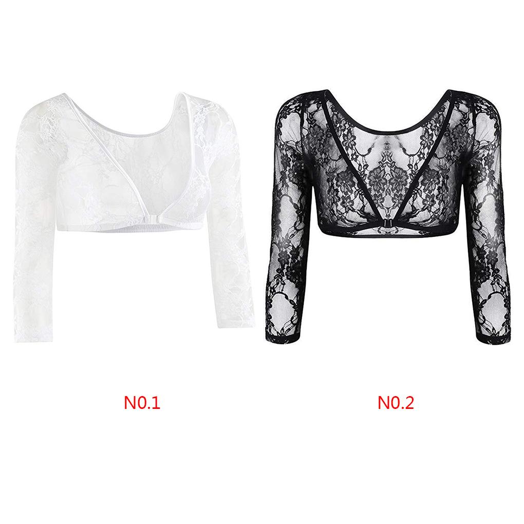 Women Girl Crop Top Solid Mesh Lace Open Front Long Sleeve Base T\-Shirt