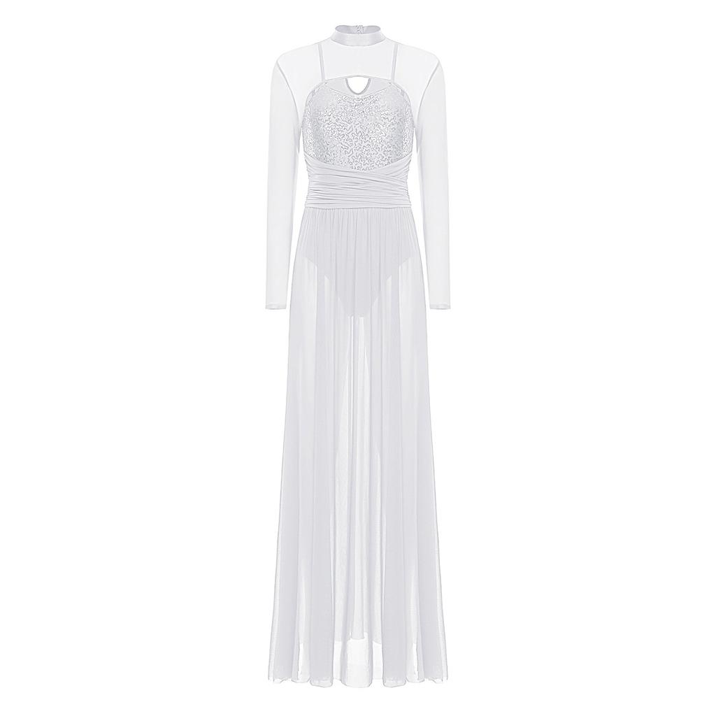 Ladies Sequin Long Sleeve Lyrical Dance Dress Mesh Tulle Flowy Maxi Long Dress Built In Briefs Performance Wear